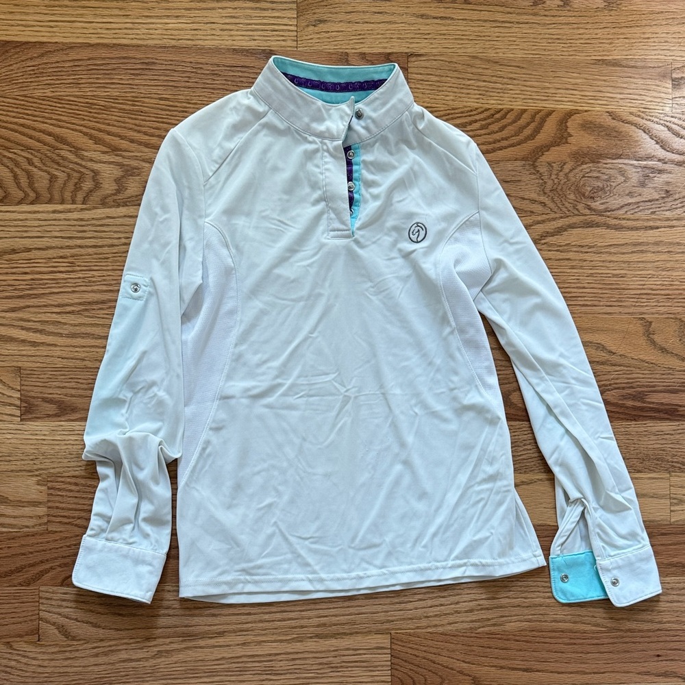 Kids Horse Riding White and Teal Athletic Fabric Shirt